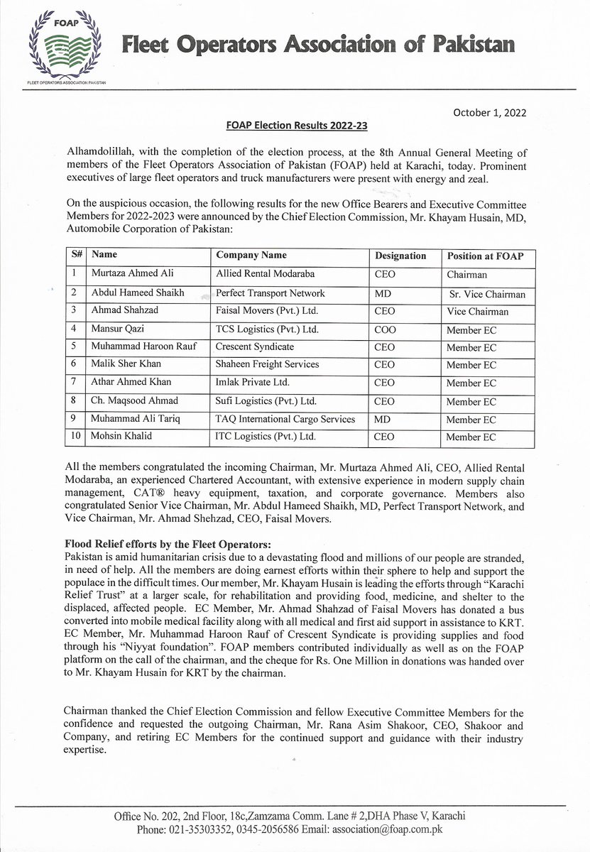 FOAP11's tweet image. Alhamdolillah, FOAP Election this year has completed and a new executive committee has taken charge from October 1, 2022 #saynotooverloading #roadsafety #trucking #KarachiReliefTrust