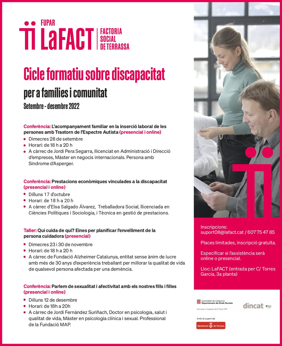 connecterrassa's tweet photo. dl. 17 d'octubre (18.00 h) | Conferència “Prestacions econòmiques vinculades a la discapacitat” @LaFACT_Fupar  https://t.co/lptG29hdXO https://t.co/lP0YoWMtSs