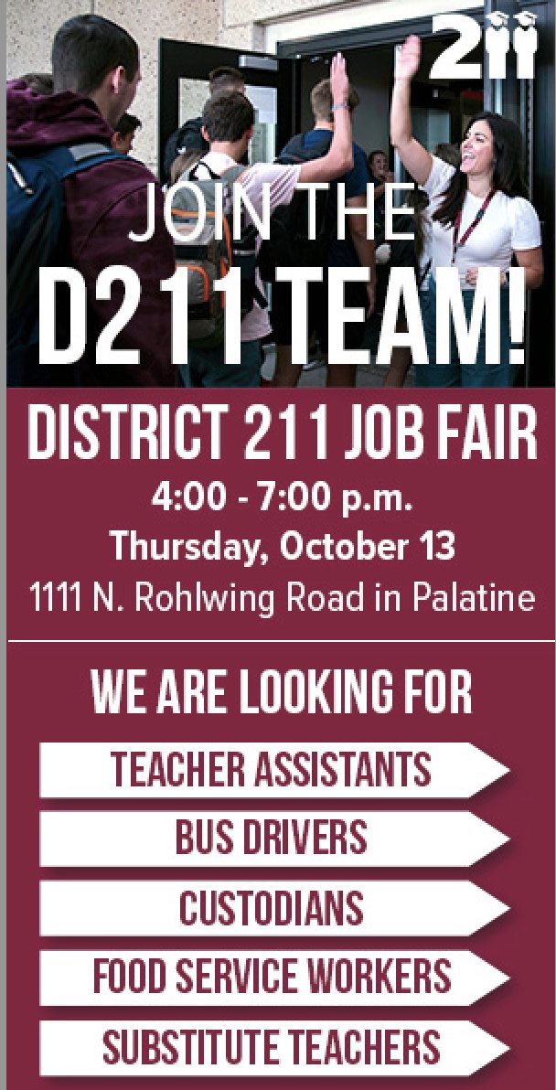 Join our team! We're hosting a Job Fair @ PHS that's all about D211. We're hiring for many positions, and will have people onsite for screening conversations and computers for individuals to apply. <a href="/PiratesofPHS/">Palatine High School</a> @HEHSHawks <a href="/FremdVikings/">Fremd High School</a> <a href="/Siegie_Saxon/">Schaumburg H. S.</a> <a href="/ConantCougars/">Conant High School</a>