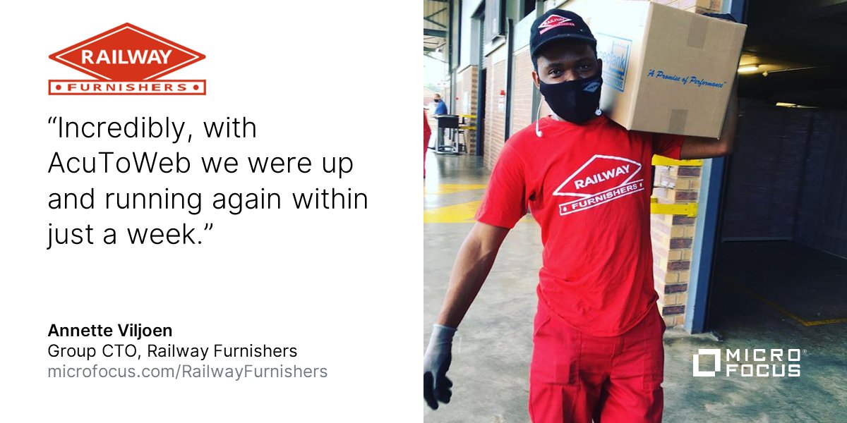 D_Shephard's tweet photo. South African furniture and appliance retailer, @rail_furn introduced online payment gateways within a week using @MicroFocus AcuToWeb. #COBOL #CustomerSuccess #MyCompany https://t.co/oH5WVhxq50 https://t.co/LQWGiVqu3t