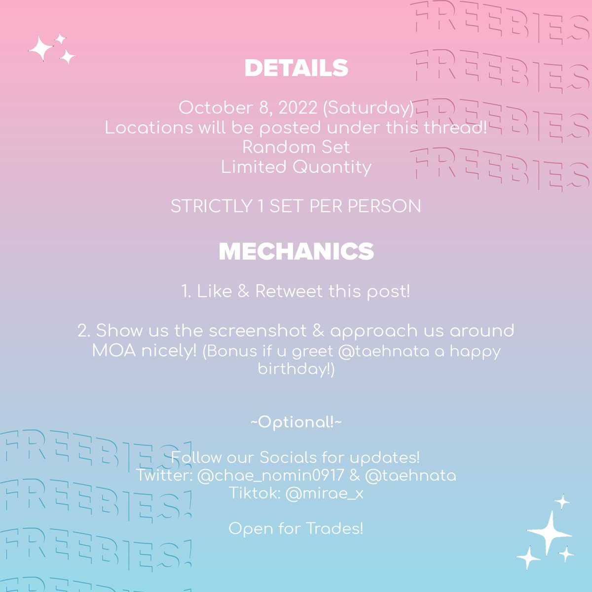 taehnata's tweet photo. 🌻 BE THE SUN IN MANILA FREEBIES by @taehnata and @chae_nomin0917  ☀️

Hallu~ fellow Carats 💎

Please don't hesitate to approach us! We would really love to have interaction with fellow moots! 
SEE YOU!

#SEVENTEEN
#BeTSinMANILA #BeTSinMNL
#BeTheSuninManila #BETHESUNinMNL https://t.co/Q1h4RHP1H0