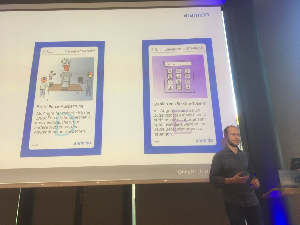 reneschoenfeldt's tweet photo. Threat Modeling sollte Pflicht sein bei professioneller Softwareentwicklung. Umso besser, wenn es auch spielerisch geht. Maximilian Staub zeigt auf der #devSec22 , wie sein TM-Kartenspiel dabei hilft. https://t.co/6PbjPtwlp5