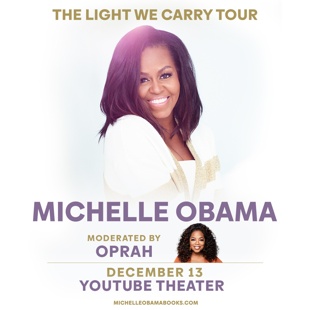 Oprah Winfrey (@oprah) on Twitter photo Book lovers unite! I’m excited to join our forever First Lady <a href="/MichelleObama/">Michelle Obama</a> on her #TheLightWeCarry Tour in Los Angeles on December 13 to discuss her new book. Head to michelleobamabooks.com for tickets and hope to see you there 📖 Book lovers unite! I’m excited to join our forever First Lady <a href="/MichelleObama/">Michelle Obama</a> on her #TheLightWeCarry Tour in Los Angeles on December 13 to discuss her new book. Head to michelleobamabooks.com for tickets and hope to see you there 📖
