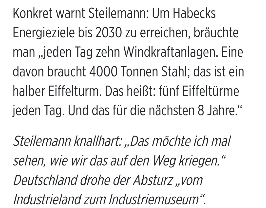 Der an sich progressive, frischgekürte Präsident des <a href="/chemieverband/">VCI</a> verbreitet gleich nach Antritt groben Unsinn. Ein Windrad braucht etwa 80 Tonnen Stahl, schwankt stark. Auf keinen Fall 4000! Eiffelturm-Vergleich von <a href="/MSteilemann/">Markus Steilemann</a> ist also auch Blödsinn. Sehr ärgerlich. Q.: Bild