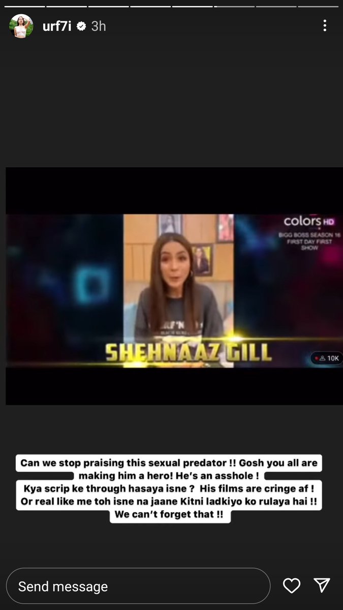 BiggBoss_Tak's tweet photo. BB OTT fame Uorfi Javed wrote on Insta story that, If women like Shehnaaz Gill and Kashmera Shah are free to support a sèxual predator, I'm free to critcise him &amp; both of them too!! #BiggBoss16 

#BiggBoss_Tak https://t.co/k8E72CThd4
