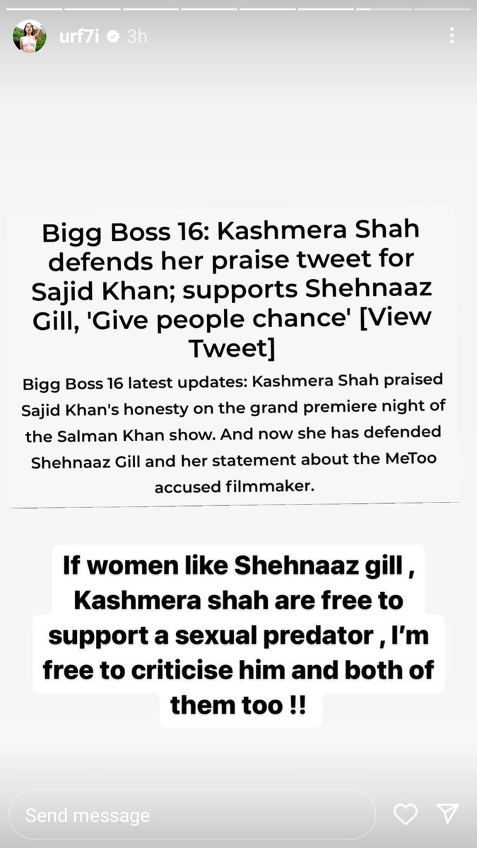 BiggBoss_Tak's tweet photo. BB OTT fame Uorfi Javed wrote on Insta story that, If women like Shehnaaz Gill and Kashmera Shah are free to support a sèxual predator, I'm free to critcise him &amp; both of them too!! #BiggBoss16 

#BiggBoss_Tak https://t.co/k8E72CThd4