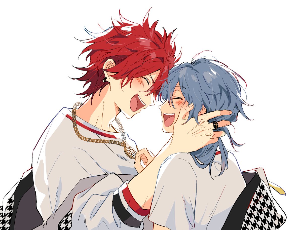 2boys multiple boys red hair male focus jewelry closed eyes blue hair  illustration images