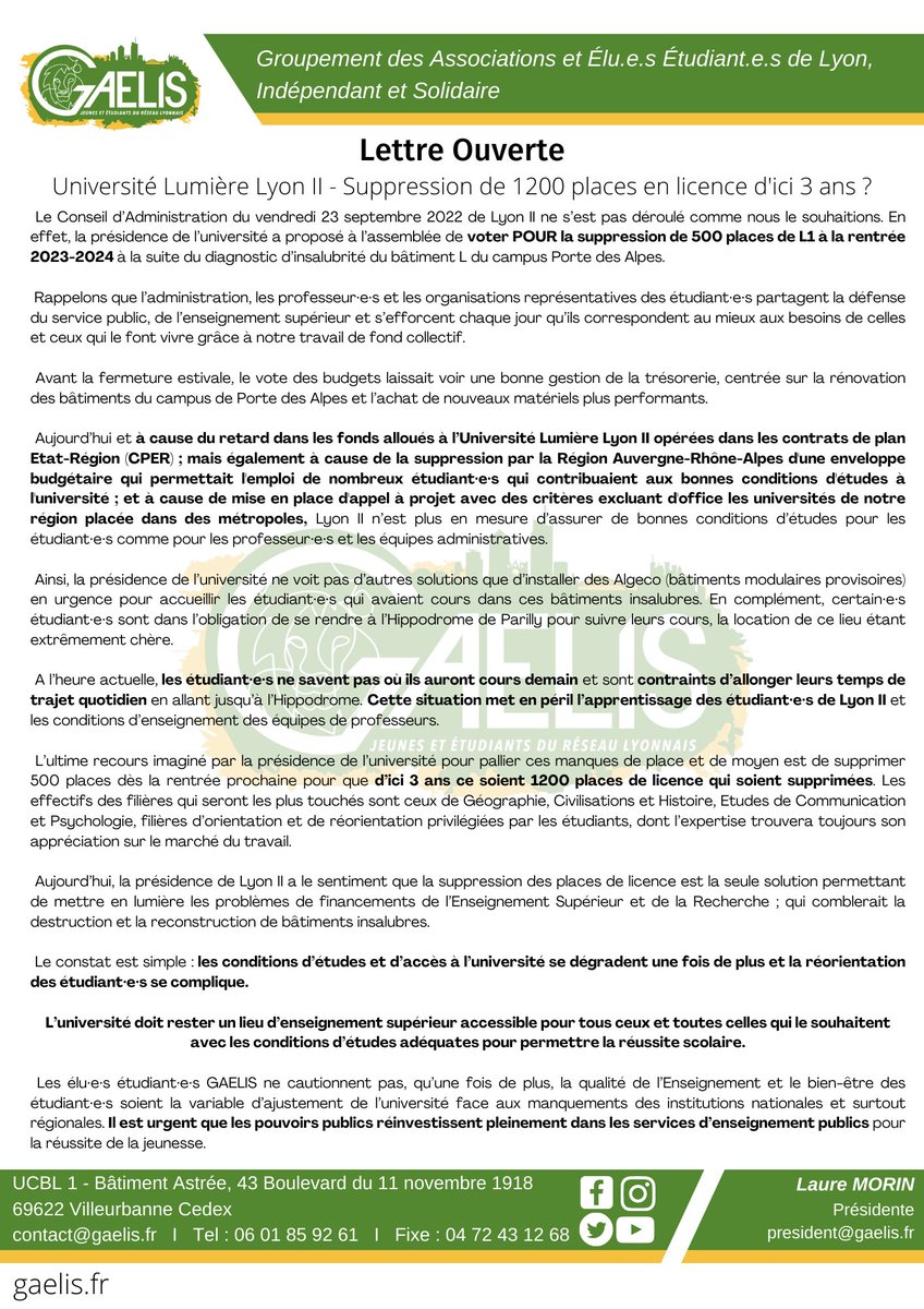 #ESR | Suite à la modification des budgets de la région AURA, l'<a href="/univ_lyon2/">Université Lumière Lyon 2</a> se voit obligé de proposer une diminution des places en licence

❌NON à la📉de 500 places pour la rentrée 2023-2024
❌NON les #étudiant.e.s ne doivent pas souffrir du manque de moyen mis dans l'#ESR