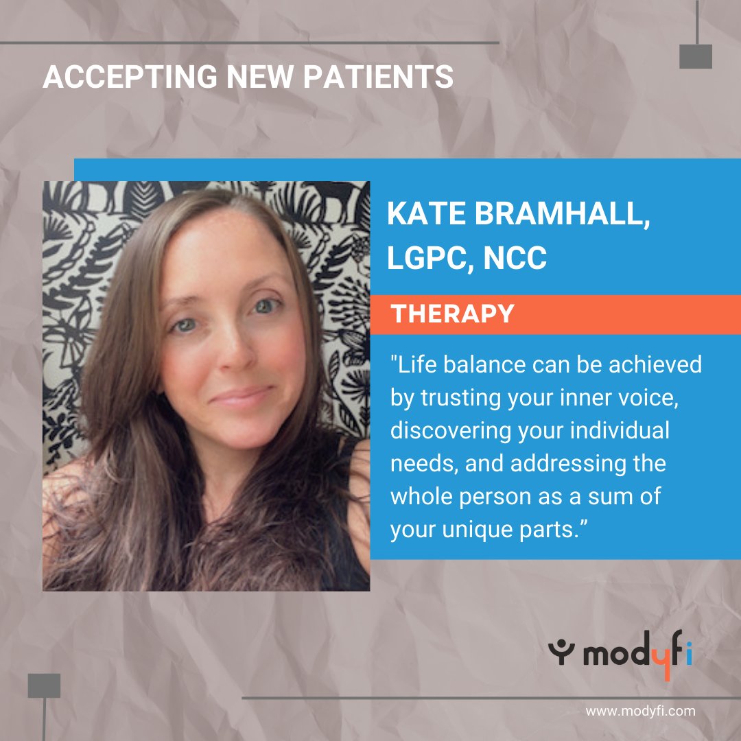 Modyfi_Health's tweet photo. Kate Bramhall, LGPC, NCC, is accepting new therapy patients age 6 and above in Maryland. Test "READY" to 470.536.8388 or use this link (https://t.co/fHwCz3DSv2) to schedule your first appointment! #modyfi #mentalhealth https://t.co/WMsqQpXy1q