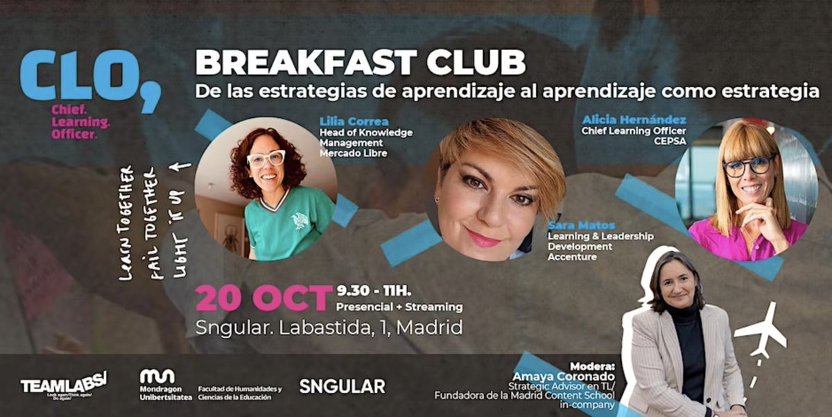 MUprofesionales's tweet image. CLO Breakfast Club: de las estrategias de aprendizaje al aprendizaje como estrategia.

📆 20 octubre, 9:30-11:00h
📍 @sngular, Labastida 1, Madrid
🗣️ Lilia Correa (@lectix), Alicia Hernández, Sara Matos. Modera: Amaya Coronado
✍eventbrite.es/e/entradas-clo…️

@teamlabs @Huhezi #CLO