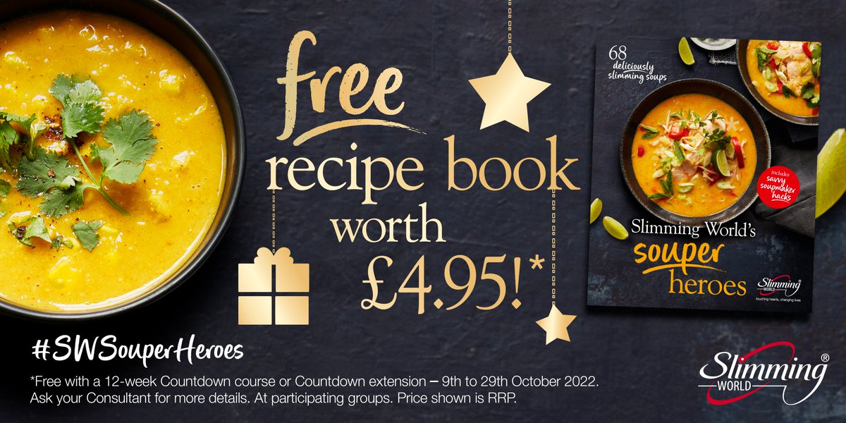 world_leanne's tweet photo. Between now and 29th October, commit to a 12-week Countdown and you’ll get 12 weeks membership for the price of 10 plus a free copy of our brand-new recipe book, Slimming World’s souper heroes. DM me to find out more and make your Christmas #weightloss wishes come true! 🎄! https://t.co/qdAALy4iqp