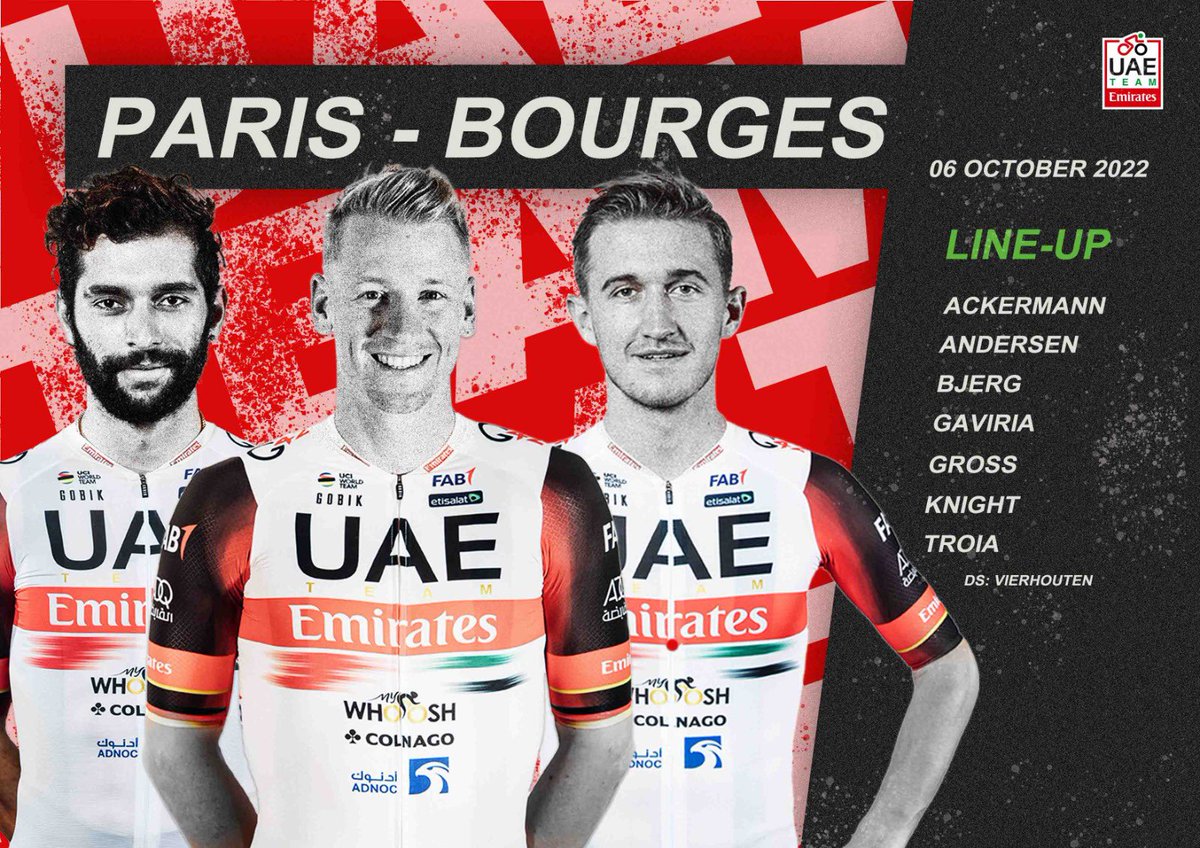 We're also in France to take on the #ParisBourges 🇫🇷. Here's how we'll line up in Gien:

🇩🇪 @Ackes171 
🇩🇰 Kasper #Andersen
🇩🇰 @mikkelbbjerg 
🇨🇴 @FndoGaviria 
🇩🇪 Felix #Gross
🇬🇧 @OKnight49 
🇮🇹 @OTroia 

#UAETeamEmirates #WeAreUAE