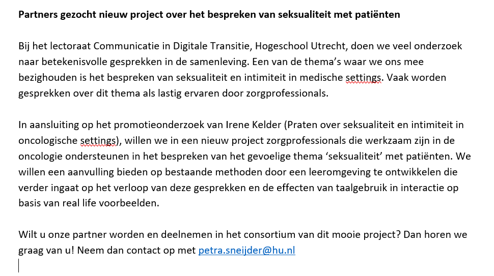 PetraSneijder's tweet photo. Partners gezocht voor nieuw project over het bespreken van seksualiteit met patienten in de oncologie! https://t.co/78C7dxpgXW