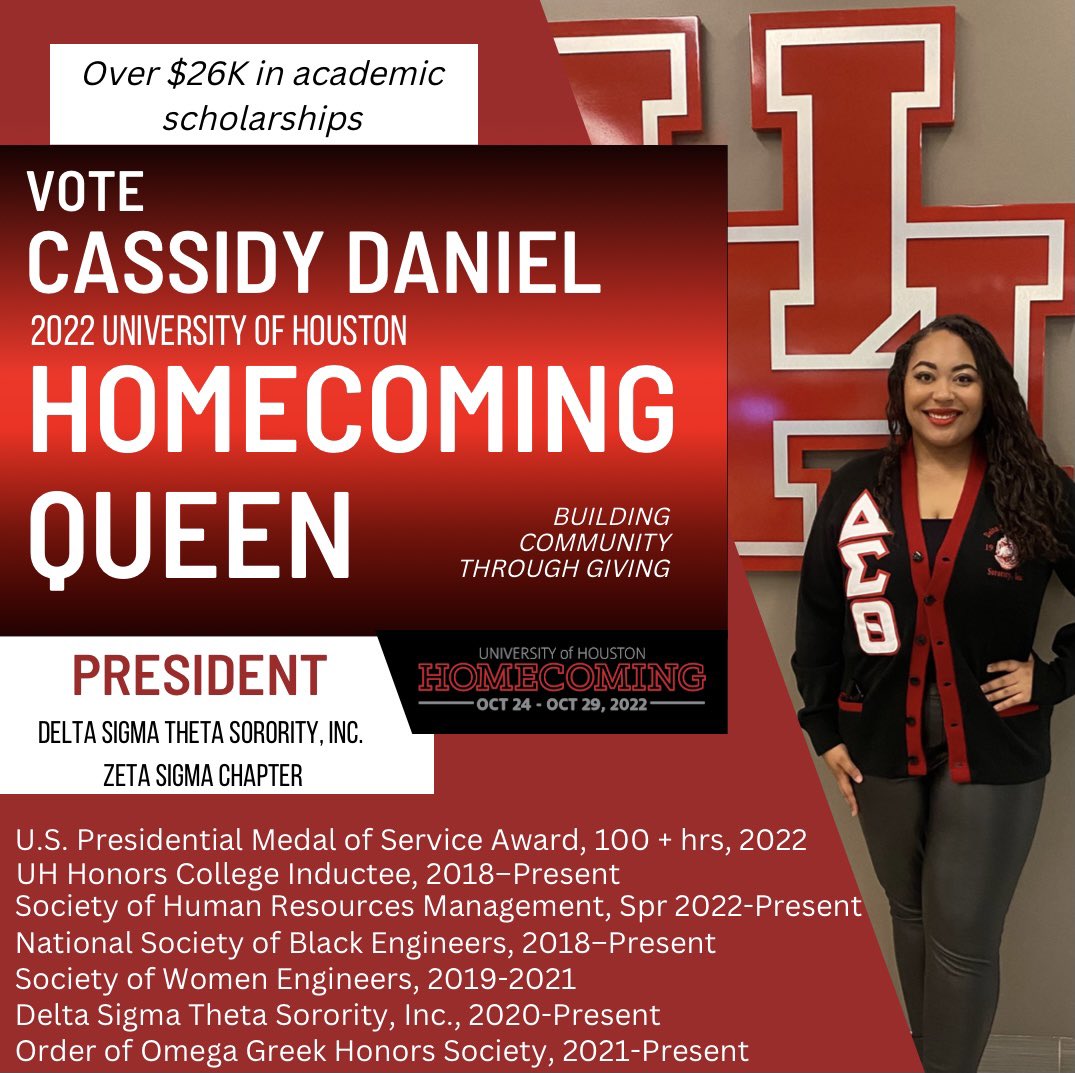 Greetings Coogs! 🐾

We’re excited to announce our President, Cassidy Daniel, is a 2022 UH Homecoming Queen candidate. She’s a proud UH Coog &amp; HRD Major.

Voting starts Oct. 17th - Oct. 21st on Get Involved! Get Fired🔥up and lock in these dates to vote for Cas! <a href="/geauxgirl99/">Cassidy Daniel</a>