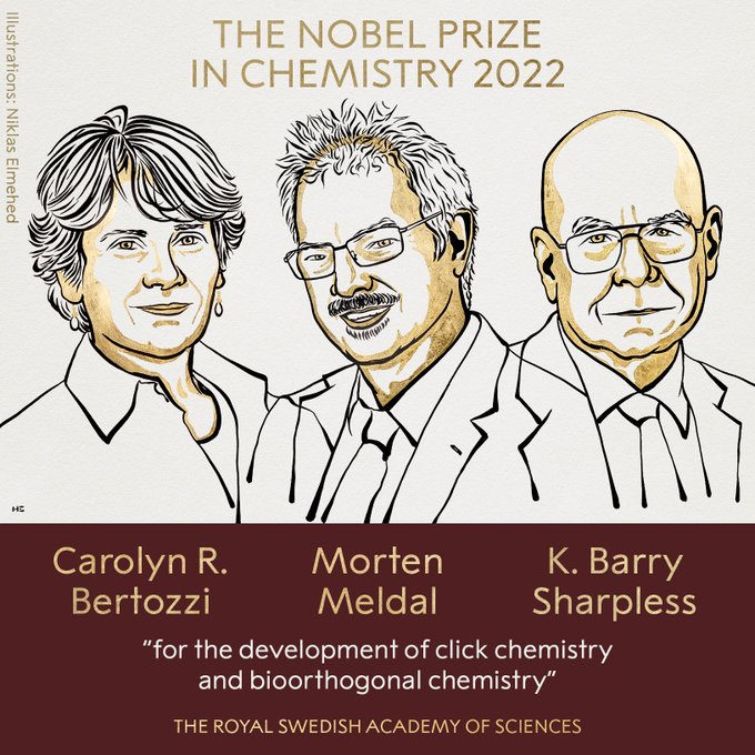 El Premio Nobel de Química 2022 es para Carolyn Bertozzi, Martin Meldal y Barry Sharpless: «por el desarrollo de la química click y la química bioortogonal» #NobelPrize <a href="/iquimicaunam/">Instituto de Química</a>