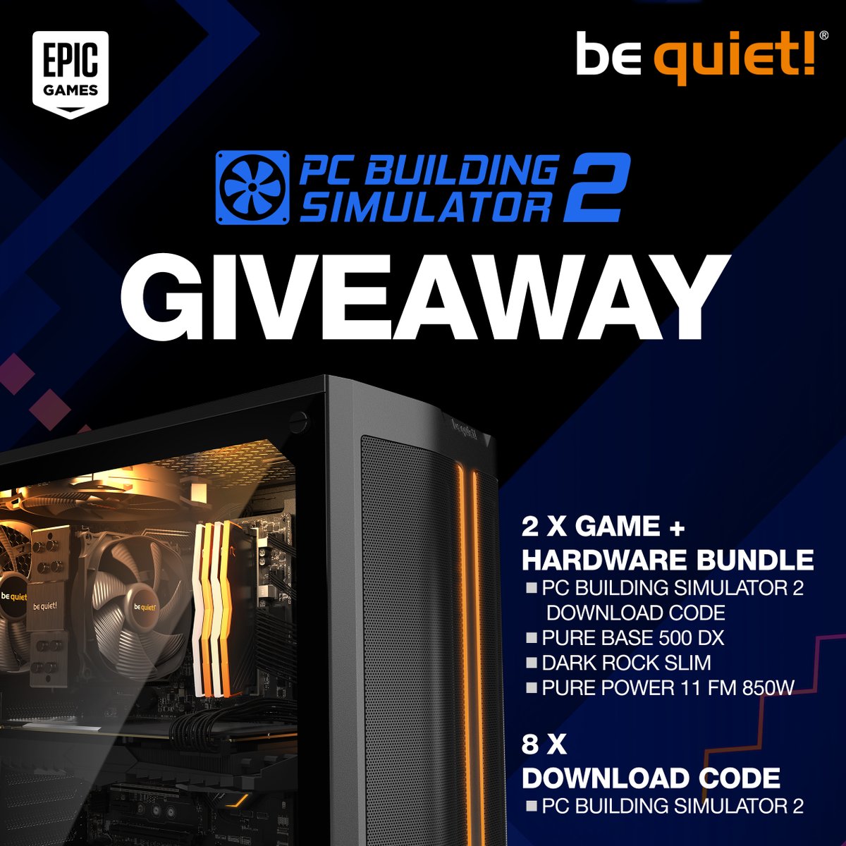 🎉 In cooperation with our friends from <a href="/EpicGames/">Epic Games Store</a> we are giving away hardware bundles and game codes for <a href="/PCBuildingSim/">PC Building Sim</a> 2.

🎟️ Enter the global giveaway here:
bit.ly/3CjVZjt

Good luck!

#giveaway #pcbs #bequiet