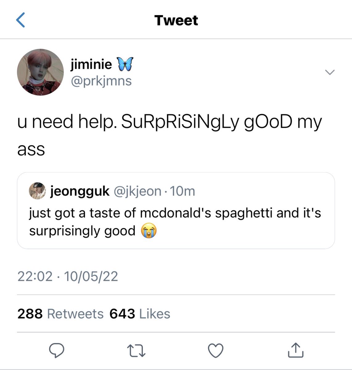 jiminslovre's tweet photo. Jollibee vs. McDonald's – a short #jikookau

wherein Jímīn is known to be McDonald's Spaghetti #1 hater, and he stumbles upon Jeönggúk's tweet praising the said spaghetti—causing an uproar between the two despite not knowing each other. https://t.co/4nudkMCzx7