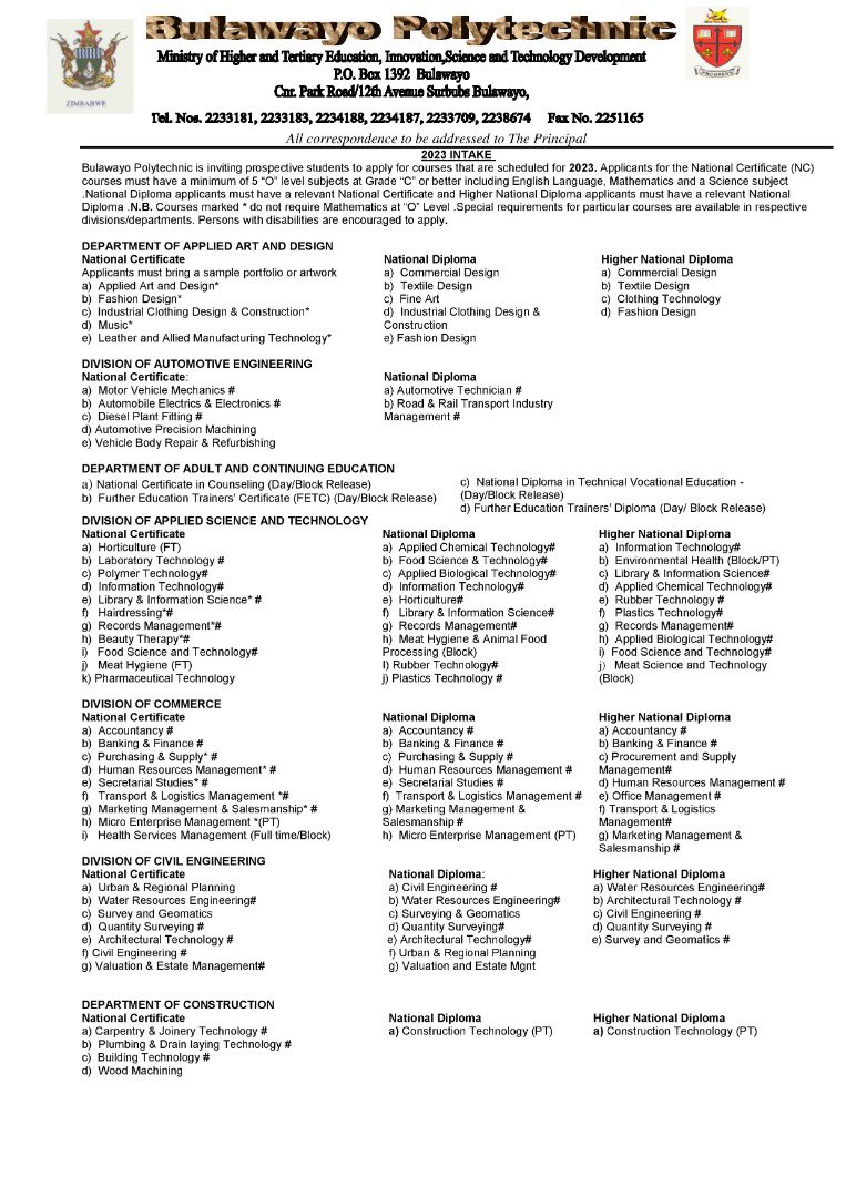 ByoPolyUpdates's tweet image. 2023 INTAKE PUBLIC NOTICE bulawayopolytechnic.ac.zw/special-notice
