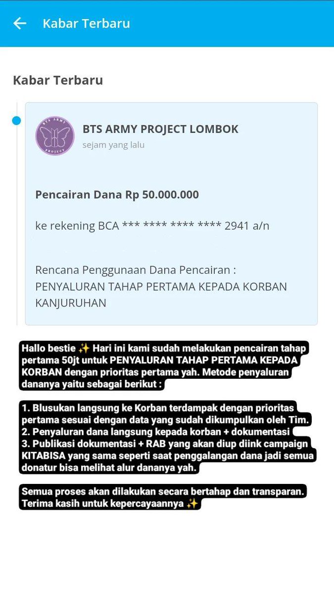 btsarmy_lombok's tweet photo. Hallo ARMY dan #OrangBaik 

Hari ini telah dilakukan pencairan tahap pertama untuk PENYALURAN TAHAP PERTAMA KEPADA KORBAN dengan prioritas pertama.

Semua proses akan dilakukan secara bertahap dan transparan. Terima kasih atas kepercayaannya🙏 https://t.co/o4XP1vjx8N