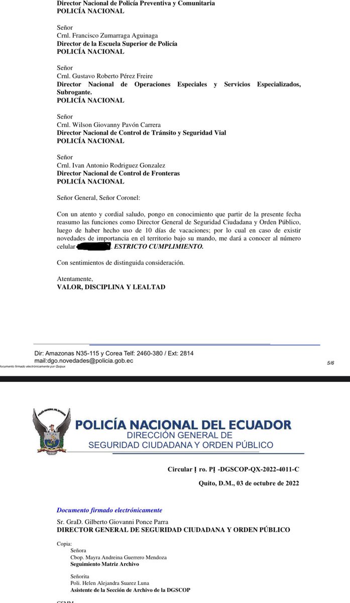 ecuainm_oficial's tweet photo. ‼️#URGENTE
General Giovanny Ponce no fue destituido de la Policía. Este oficio muestra que Ponce habría estado de vacaciones. El 23 de septiembre, Lasso lo desvinculó de la Insititución por presuntas fallas en protocolos de seguridad en Escuela de Polica dentro del caso Bernal. https://t.co/oAn5PXnmHG