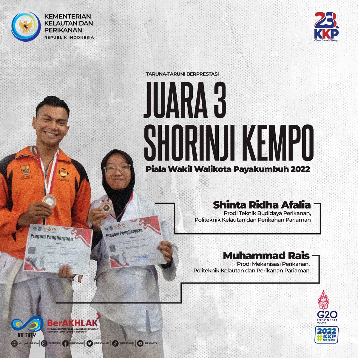 #SobatBahari, taruna-taruni satuan pendidikan tinggi <a href="/kkpgoid/">KKP RI</a> , <a href="/PoltekKPPrm/">Poltek KP Pariaman</a> meraih prestasi di ajang bergengsi se-Sumatra Barat, Shorinji Kempo Kota Randang Cup 2022, yang merebutkan Piala Wakil Walikota Payakumbuh 2022 #KKPAccelerate #SDMKP #PendidikanKP #TarunaKP <a href="/in_radiarta/">INRadiarta</a>