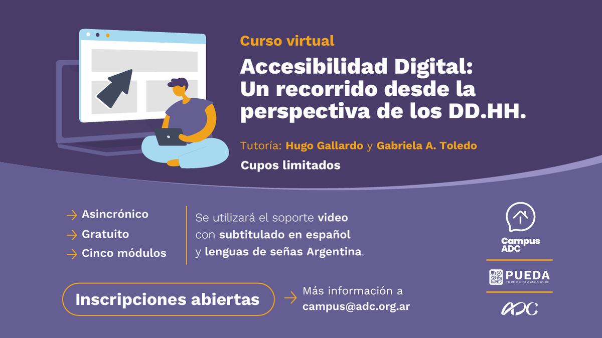 📣 #AccesbilidadDigital ¡Lanzamos nueva edición del curso online y gratuito! Una propuesta de la ADC dirigida a todas las personas interesadas en incorporar una perspectiva de #discapacidad y #DDHH. ¡Inscripciones abiertas! 👉forms.gle/1tuCvERgS4ZPjU…
