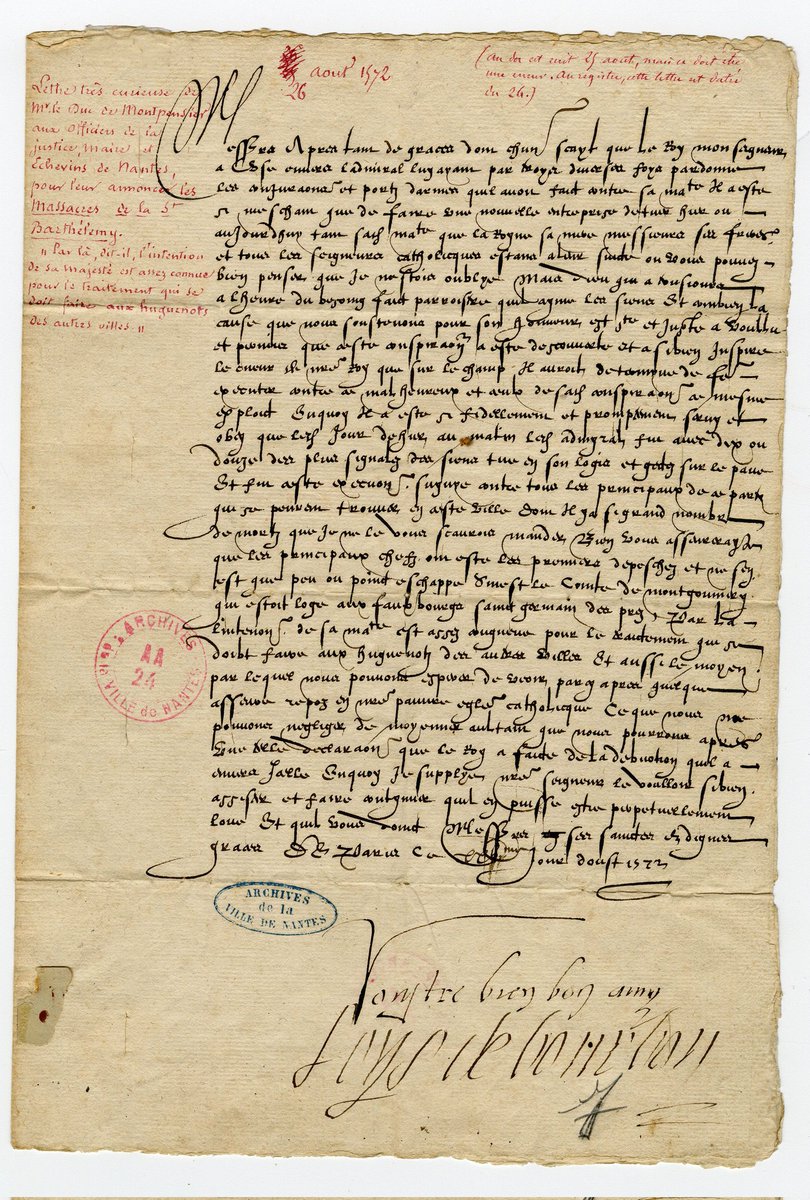 Conférence de Jéremie Foa,Emmanuel Oger et Fabrice Micalles "Les massacres de la Saint Barthélémy en France :Nantes une exception ?"
18h30 Temple protestant
Lettre du duc de Montpensier aux édiles nantais informant des massacres de la Saint Barthélémy
#Archives de <a href="/nantesfr/">Ville de Nantes</a>