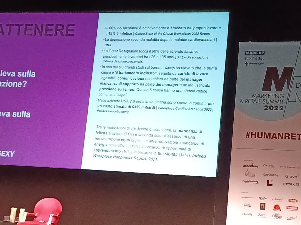#humanretail fra le cause di dimissioni l'assenza di felicità è la seconda dopo la mancanza di equa retribuzione. Dalla relazione di 2BHappy, Veruska Gennari