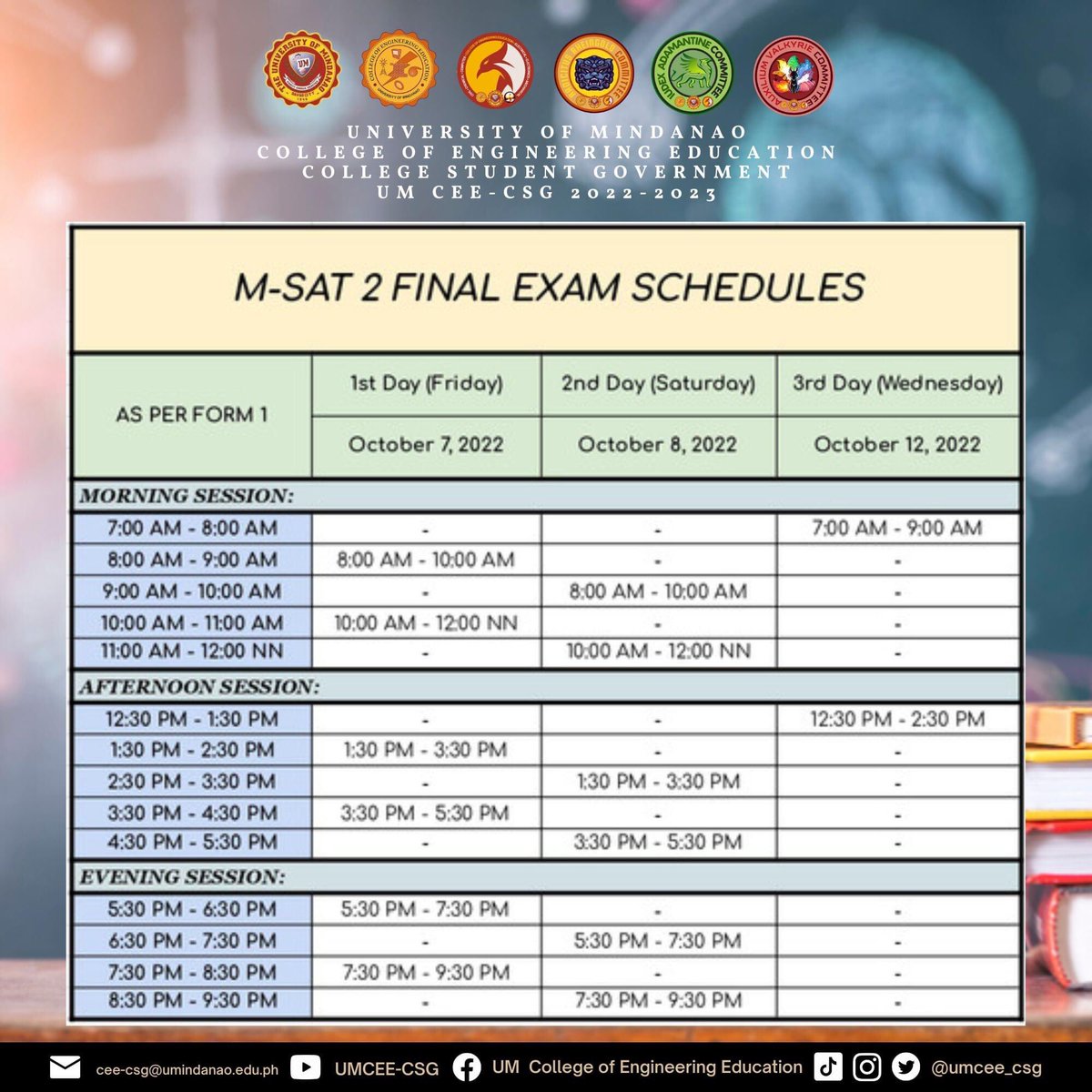 um_ceecsg's tweet photo. Please be guided with the following schedules.

Almost there, our Future Engineer!

#FinalExamination
#UMceecsg 
#PleaseBeGuided  
#FutureEngineers https://t.co/Y0M1GEUeK5