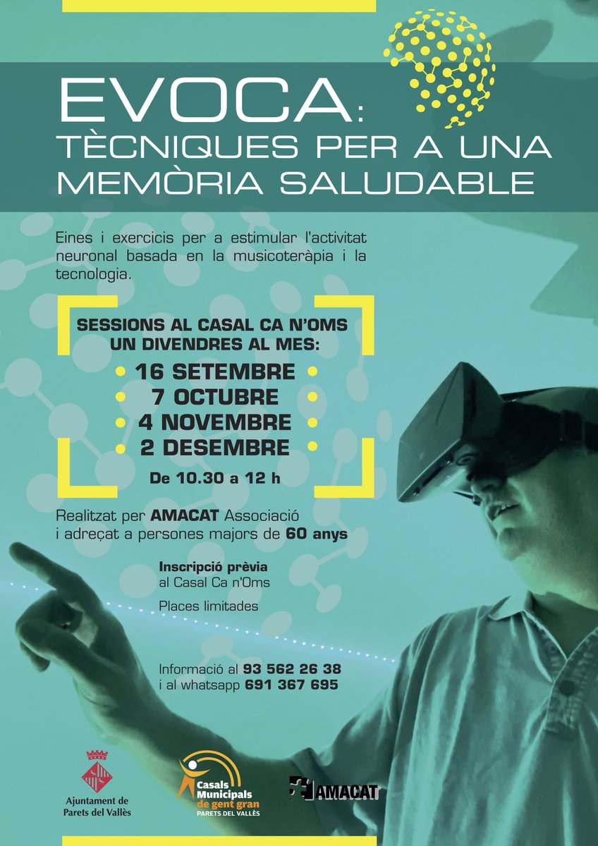 ajparets's tweet photo. 🧠🌀 Al programa EVOCA, es treballarà la memòria mitjançant eines i exercicis per a estimular l'activitat neuronal basada en la musicoteràpia i la tecnologia.

Pròxima sessió:
📅 Divendres 2 de desembre.
🕜 10.30 h.
📍 Casal de gent gran Ca n'Oms.

✍🏽 Inscripcions a Ca n'Oms. https://t.co/juRO3yTJHU