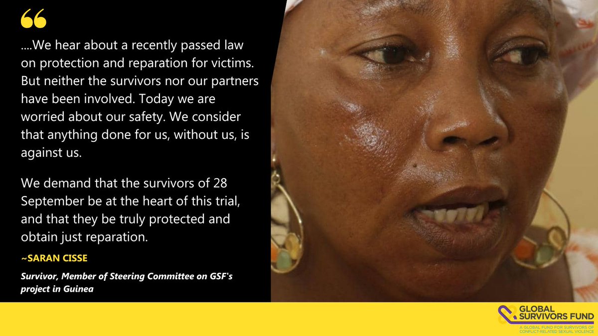 As the trial for those responsible of the massacre, &amp; #CRSV of protesters in a stadium in #Guinea in 2009 continues this week, it is important to note what  Saran says about this trial's proceedings:🗣️ "anything done for us [survivors], without us, is against us." #SurvivorsSpeak