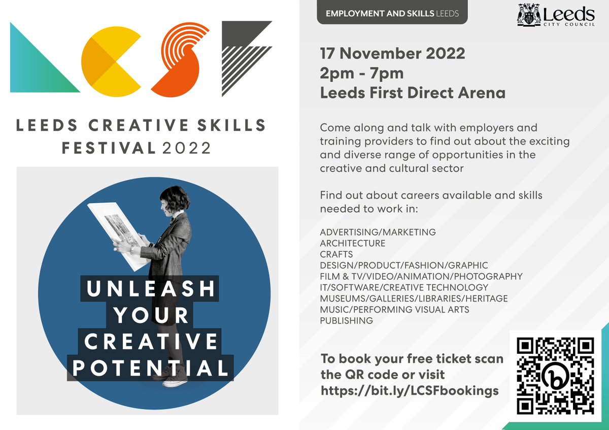 LCC_business's tweet photo. Calling all creatives!🌟 Come along to the Leeds Creative Skills Festival on Thursday 17th November 2022 at First Direct Arena Leeds

Book your free ticket👇
https://t.co/uFtUhio4fA

If you are interested in exhibiting at the event please email esemployers@leeds.gov.uk  #leeds https://t.co/AIXT7xA02G