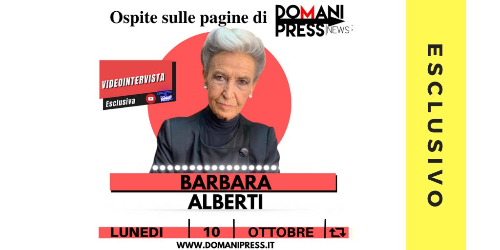 DomaniPress's tweet photo. 🔝👁️📺#Lunedì10Ottobre la scrittrice, sceneggiatrice ed opinionista #BarbaraAlberti sarà ospite nel Salotto Digitale di #Domanipress per un'intensa Video #IntervistaEsclusiva. Parleremo con lei del nuovo romanzo #Amores @harpercollinsIT e di #libertà da tutelare #DaNonPerdere https://t.co/j3BtRX31PZ