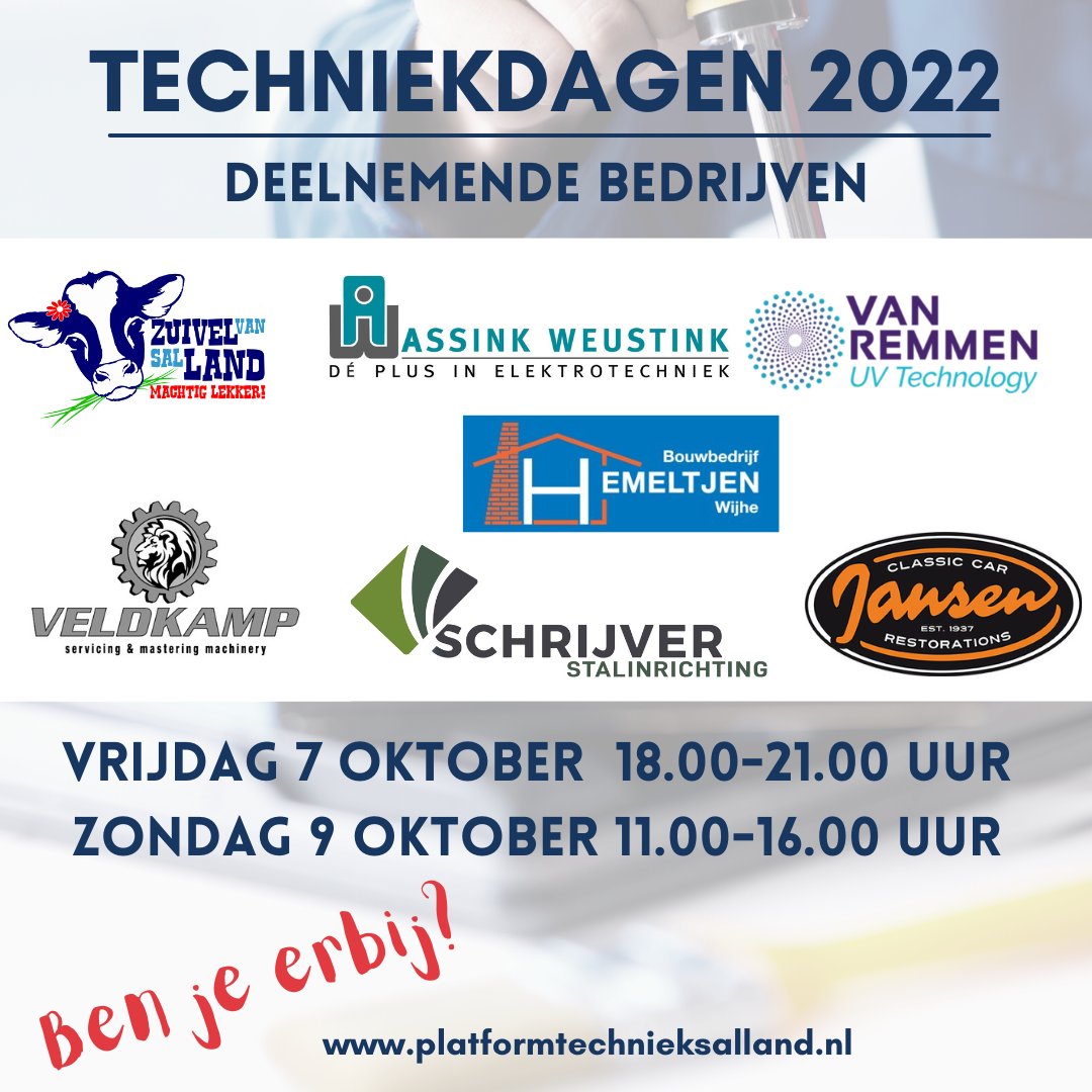 Startklaar zijn de deelnemende bedrijven voor de Techniekdagen op vrijdag 7 en zondag 9 oktober. Kom gerust langs!

#techniekdagen #techniekdagen2022 #technieksalland #techniekonderwijs #technologie #leerzaam #bedrijfsbezoek #raaltegeeftruimte
