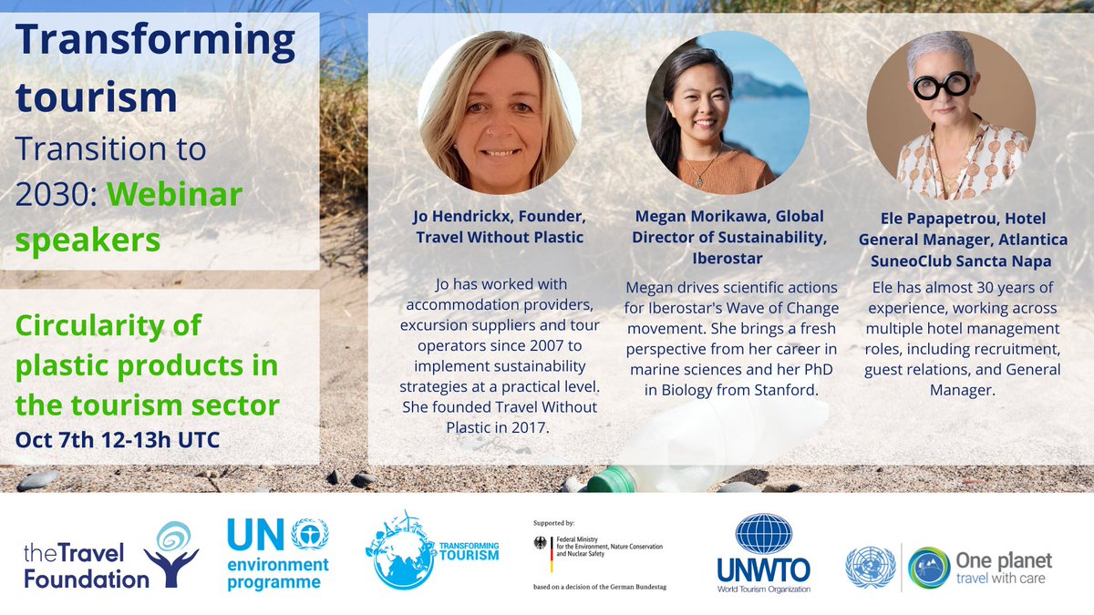 travelTF's tweet image. We've a great line up of speakers for our 7th Oct webinar on #plastics in #tourism, as part of @UNEP 'Transforming Tourism Value Chains' Project 
Jo Hendrickx @NoPlasticTravel 
@mkmorikawa @IBEROSTAR 
Ele Papapetrou @AtlanticaGroup
Free to register at buff.ly/3LKbR1K