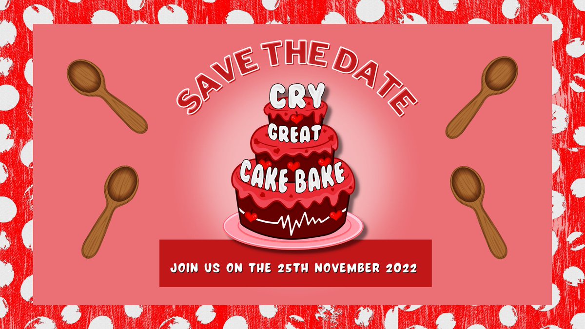 CRY_UK's tweet photo. SAVE THE DATE! The CRY Great Cake Bake is returning on the 25th of November. So get your aprons and oven mitts ready for another year of incredible bakes this #RaisingAwarness Week. https://t.co/hifFFRkW2j
