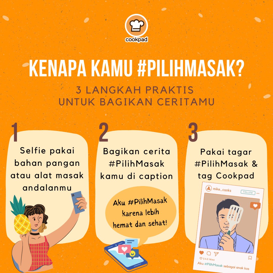 Cookpad_ID's tweet photo. Bagikan cerita #PilihMasak kamu, dalam rangka #HariPanganSedunia 🤳 Jangan lupa tag mincook yaaa 😉
#ChoosetoCook #WorldFoodDay https://t.co/gms9uScxeH