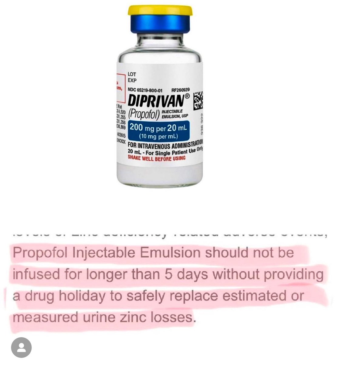⚠️ Propofol leads to ⬆️ risk of ZINC deficiency via urine losses

Add this to #Propofol adverse effects:
- Propofol is Mitochondrial Toxin
- Mixed in omega-6 lipid
- Propofol associated w/ ⬆️ post-ICU weakness
- Cx of Propofol-infusion syndrome ☠️

We have better choices! #MedEd