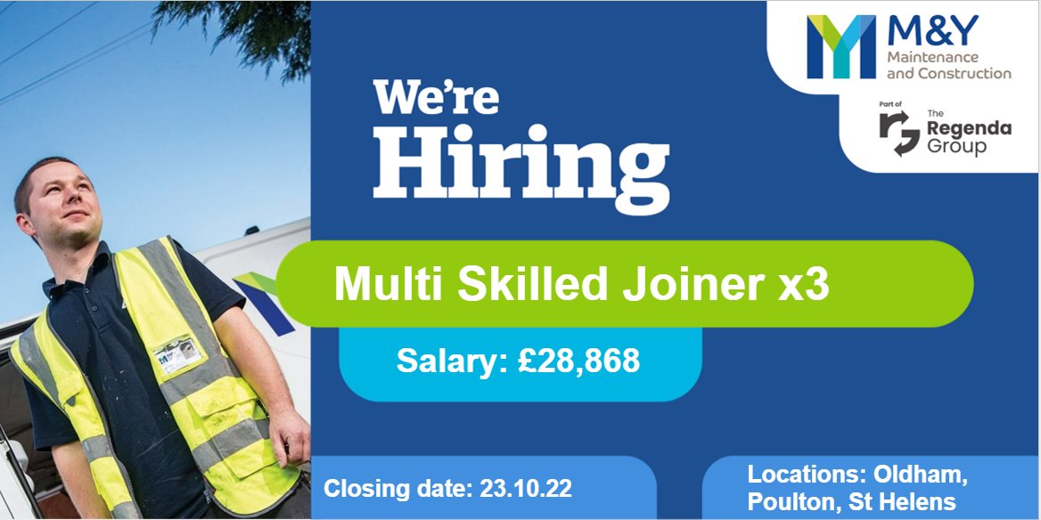 Vacancy: Multi Skilled Joiner x3, <a href="/my_maintenance/">M&Y Maintenance and Construction</a> 
Salary: £28,868
Closes: 23rd October 2022
The chance for three multi skilled joiners to join a family-run, multimillion-pound construction company in various locations across the North. 
Apply here: mandy.current-vacancies.com/Jobs/Advert/28…
