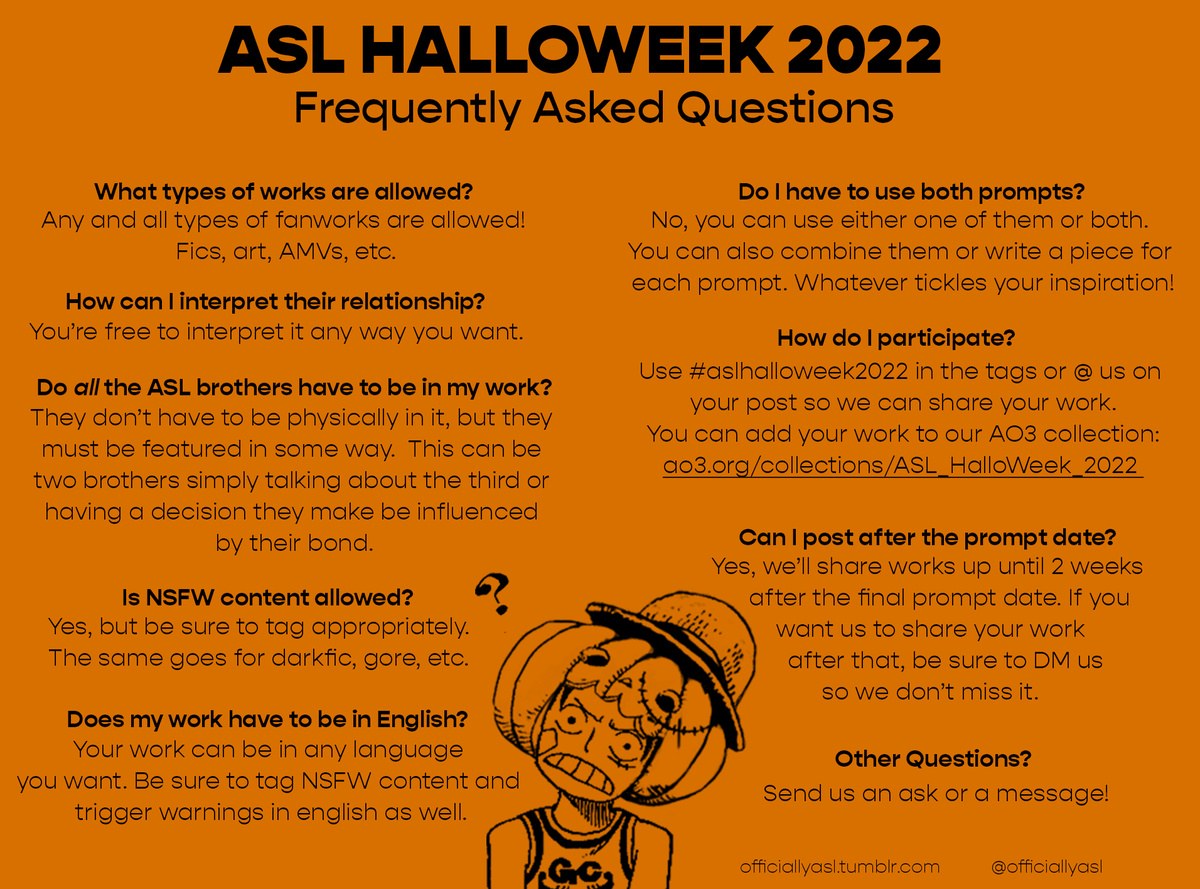 officiallyasl's tweet photo. 🍬Trick or Treat! Are you ready for ASL HalloWeek?🍬

If you have any questions we haven't answered here, don't hesitate to send us an ask or a message!
#aslhalloweek2022 #ONEPIECE #盃兄弟 https://t.co/FrnsnuE0xV