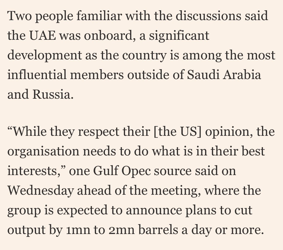 Latest from Vienna ahead of today’s blockbuster Opec+ meeting: UAE poised to support Opec+ oil production cuts despite U.S. pressure ft.com/content/ed4fcc… via @financialtimes