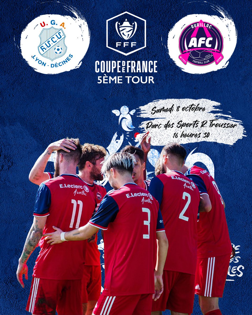 AurillacFC's tweet photo. 𝗗𝗮𝘁𝗲 𝗲𝘁 𝗵𝗼𝗿𝗮𝗶𝗿𝗲 𝗳𝗶𝘅𝗲́𝘀 𝗽𝗼𝘂𝗿 𝗹𝗲 𝟱𝗲̀𝗺𝗲 𝘁𝗼𝘂𝗿 𝗳𝗮𝗰𝗲 𝗮̀ 𝗹'𝗨𝗚𝗔 𝗟𝘆𝗼𝗻-𝗗𝗲́𝗰𝗶𝗻𝗲𝘀 🏆
🆚 UGA Lyon-Décines
🗓 Samedi octobre 2022
🕔 16 heures 30
📍 Parc des Sports R. Troussier - Terrain d'honneur
#AllezAFC https://t.co/KYbuKYDNef