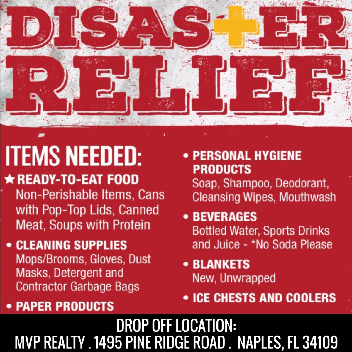 MVP Realty will be collecting supplies at our office today Wednesday October 5th from 9AM to 4PM at: MVP Realty 1495 Pine Ridge Road Naples, FL 34109 Today we will collect the supplies. Tomorrow we distribute into the hardest hit areas. Thank you for your support!❤️🙏🏻#mvpcares