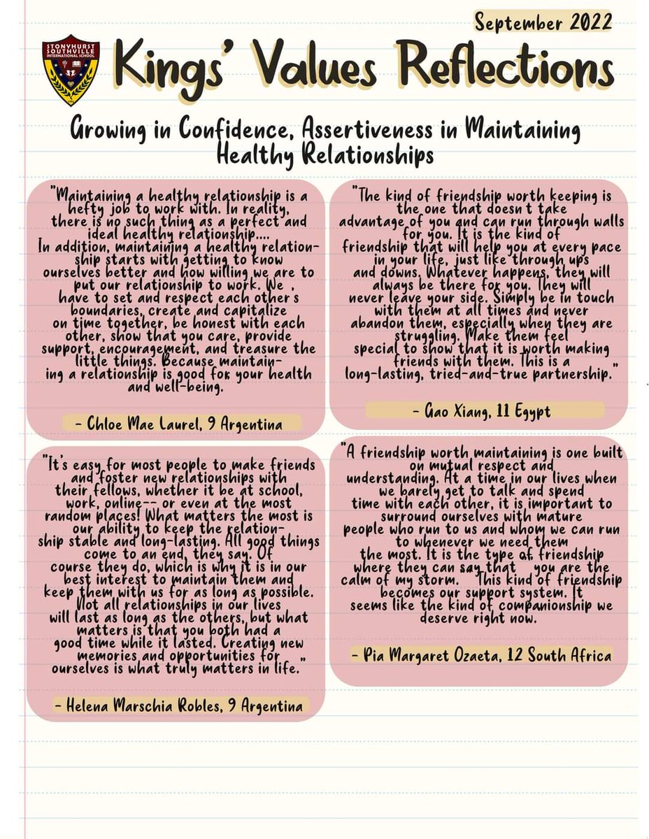 SSISMalarayat's tweet photo. Happy Wednesday, Stonyhurst Southville! Here are our students' insights on Growing in Confidence, Assertiveness in Maintaining Healthy Relationships. 

Quant Je Puis! 👑 https://t.co/PN9UmY7xxI