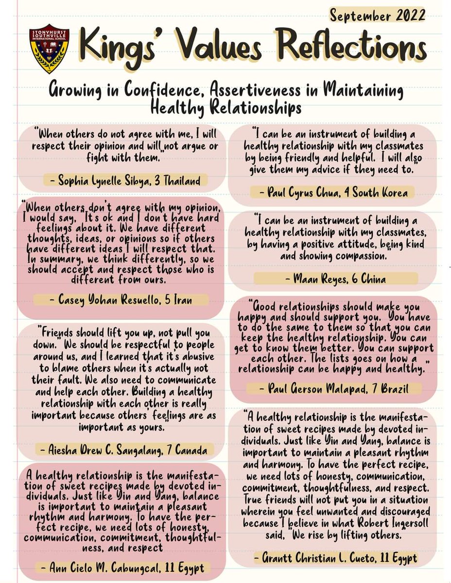 SSISMalarayat's tweet photo. Happy Wednesday, Stonyhurst Southville! Here are our students' insights on Growing in Confidence, Assertiveness in Maintaining Healthy Relationships. 

Quant Je Puis! 👑 https://t.co/PN9UmY7xxI
