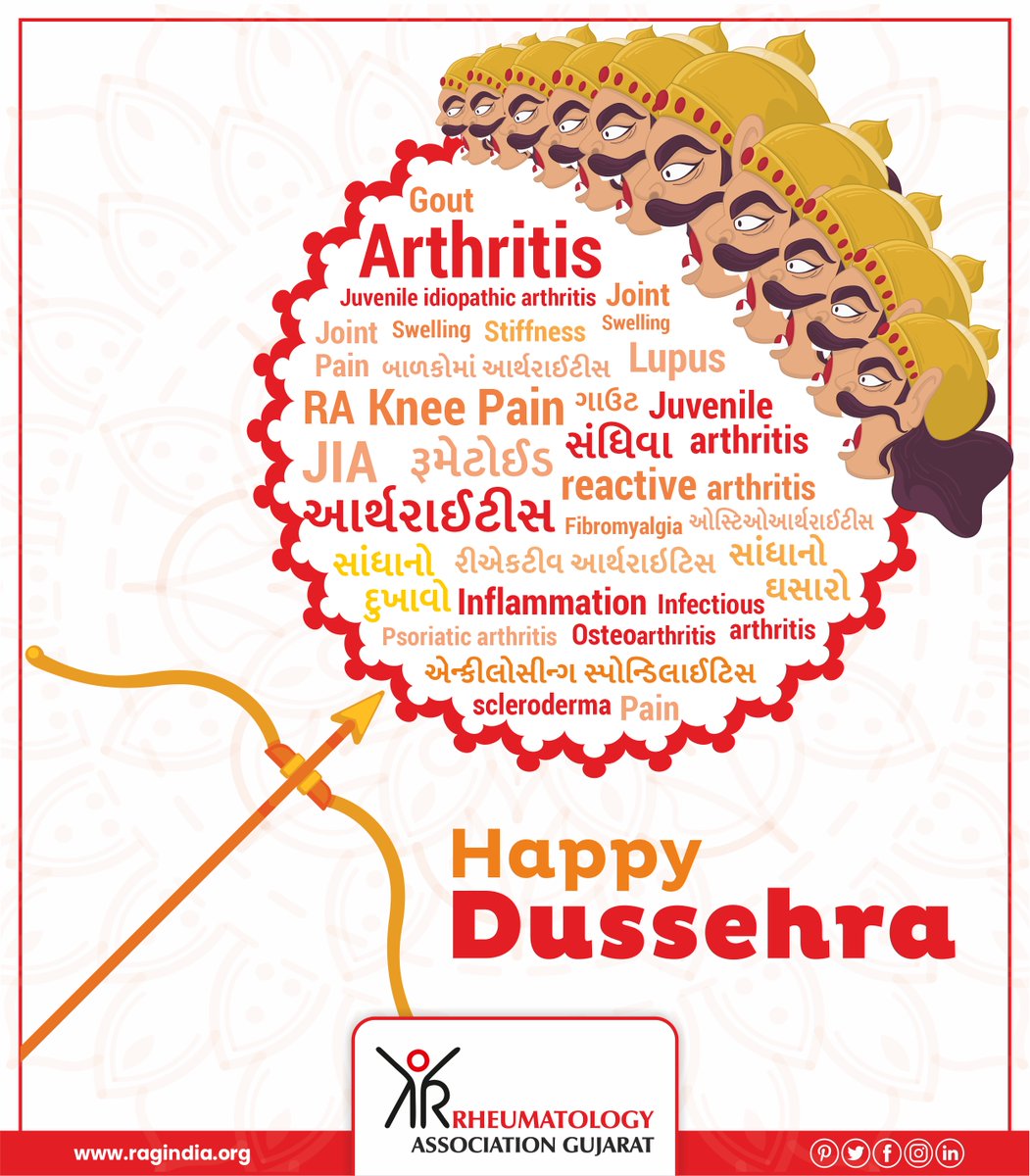 raggujarat's tweet photo. Rheumatology Association of Gujarat wishes you and your loved ones a very Happy Dussehra🏹!

#Dussehra #Vijayadashami #RAG #Rheumatologist #Rheumatology #Fight #Arthritis #JointPain https://t.co/Gid7PVzcql