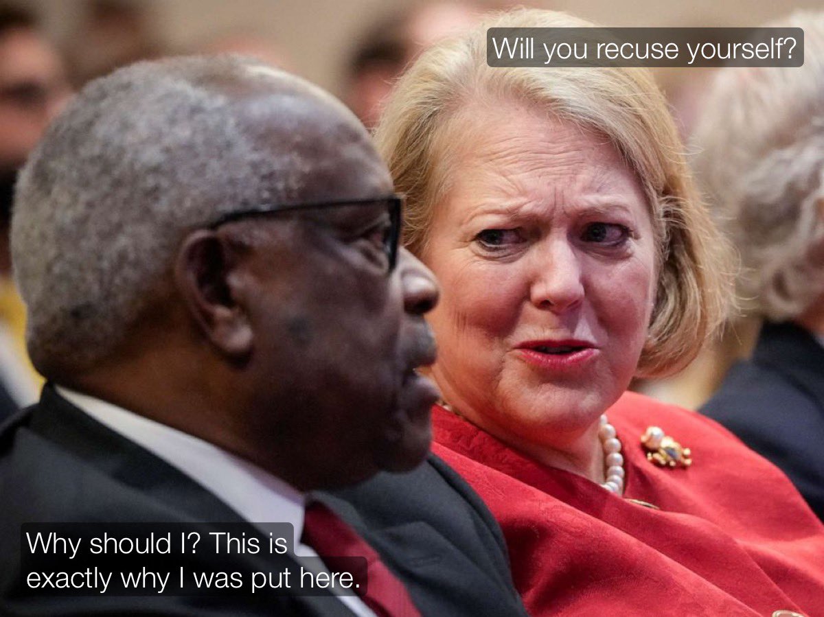 TonyHussein4's tweet photo. Supreme Court Justice Clarence Thomas must recuse himself from Trump’s Mar-a-Lago case! The closing of Trump's America ended with Ginni Thomas, wife of Justice Thomas, trying desperately to overturn Trump's 2020 election defeat. https://t.co/baPO0tDf5F