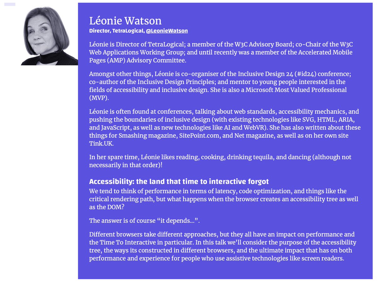 We tend to think of performance in latency, code optimization &amp; critical rendering path. But what happens when the browser creates an accessibility tree as well as the DOM?

To bridge the gap between Accessibility &amp; Performance, <a href="/LeonieWatson/">leonie</a> will join us: perfnow.nl/speakers#leonie