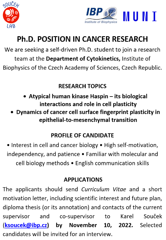 souceklab's tweet photo. #PhDposition available in my lab to study the biology of Haspin kinase and cancer plasticity. Please RT. Thanks! https://t.co/uBEDJf7aKI
