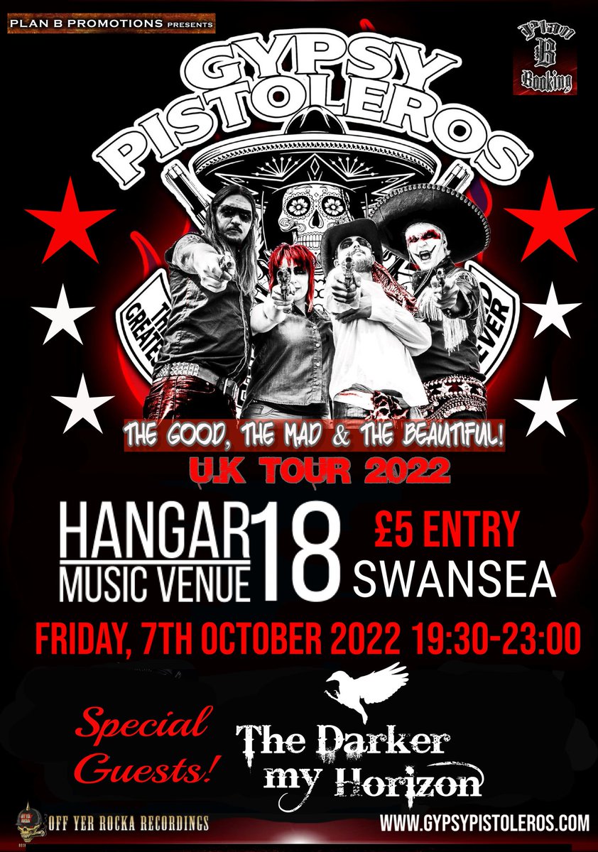 This Friday at Hangar 18 Music Venue: Gypsy Pistoleros with support from The Darker my Horizon

Tickets are available for just £5 from ticket247.co.uk/Event/91379

#Hangar18MV #SwanseaGigs #SwanseaLiveMusic #LiveMusic #SwanseaStudents #WhatsOnSwansea